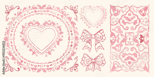 Vintage pink sketches of ornate frames hearts bows and decorative elements