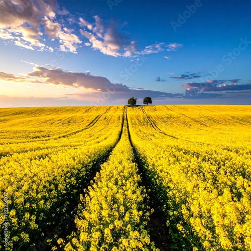 A serene landscape of a vast yellow flower field under a blue sky