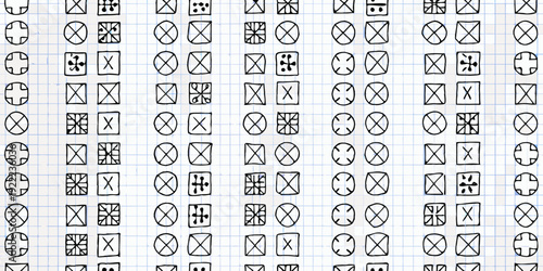 Multiple choice exam sheet with filled and unfilled bubbles on grid paper