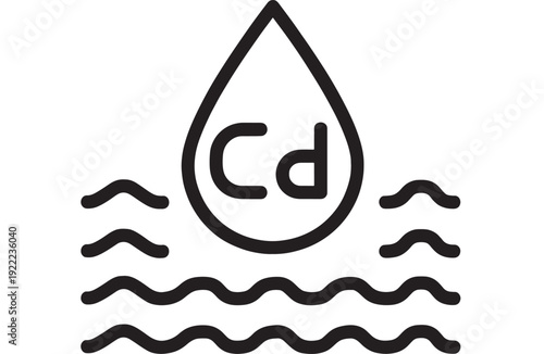 Droplet cadmium contamination icon with chemical symbol Cd inside water drop above wavy liquid lines, minimal outline pictogram for pollution hazard and safety signage