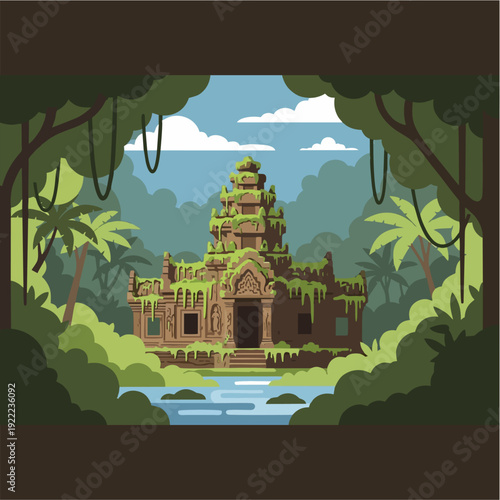 Ancient temple ruins in a lush jungle setting, framed by dense foliage and a serene river.