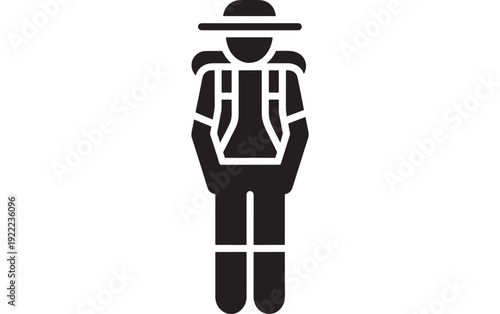 Farmer icon silhouette with wide brim hat and overalls, simple black pictogram of agricultural worker standing, minimal flat symbol isolated on white background