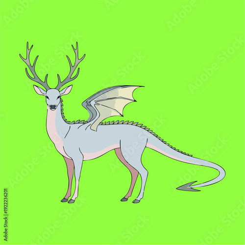 Mythical creature combining deer and dragon features with antlers, wings, and a scaly tail on a vibrant green background.