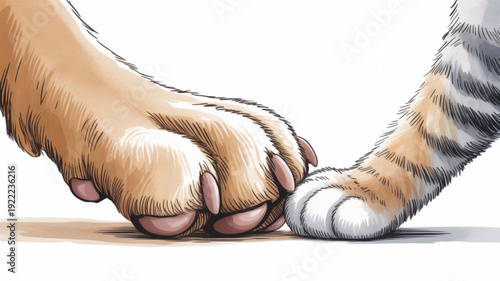 Dogs and cats paw touching animal friendship and companionship concept
