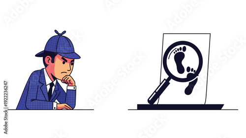 Cartoon detective analyzing footprints with magnifying glass, problem-solving and investigation concept