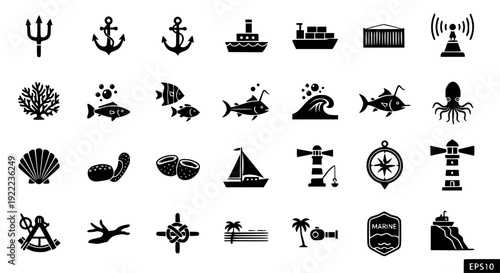Minimal Gray Flat Sea Icon Set 2 with Marine Wildlife and Nautical Symbols