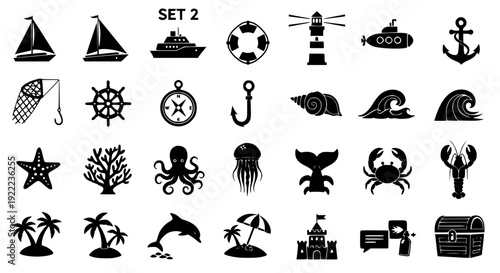 Sea Icons Set 2 Gray Flat Vector Collection with Marine and Ocean Elements