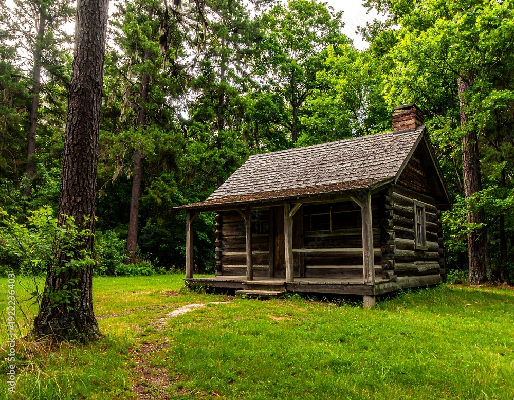 Fototapeta premium A small wooden cabin in a forest clearing with a tree