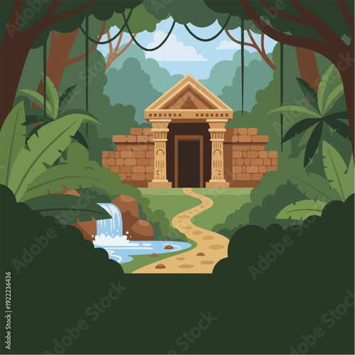 Ancient temple ruins hidden deep within a vibrant, green jungle with a waterfall and winding path leading to its entrance.