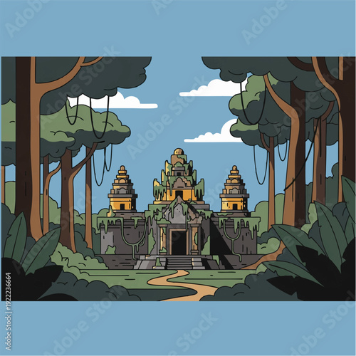 Cartoon illustration of an ancient temple ruin nestled deep within a lush jungle, with a path leading to its entrance under a blue sky.