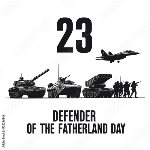 Military vehicles aircraft and the number 23 commemorating defender of the fatherland day