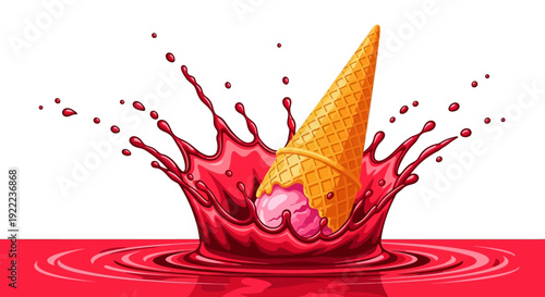 A colorful ice cream cone splashing into a red liquid creating a dynamic splash effect with ripples and droplets around it from a close-up view