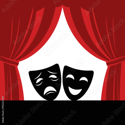A vibrant red stage curtain frames classic comedy and tragedy masks