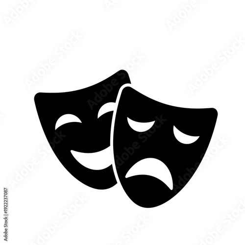 Black and white illustration depicting theatrical comedy and tragedy masks