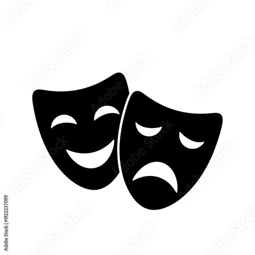 Black and white illustration depicting theatrical comedy and tragedy masks