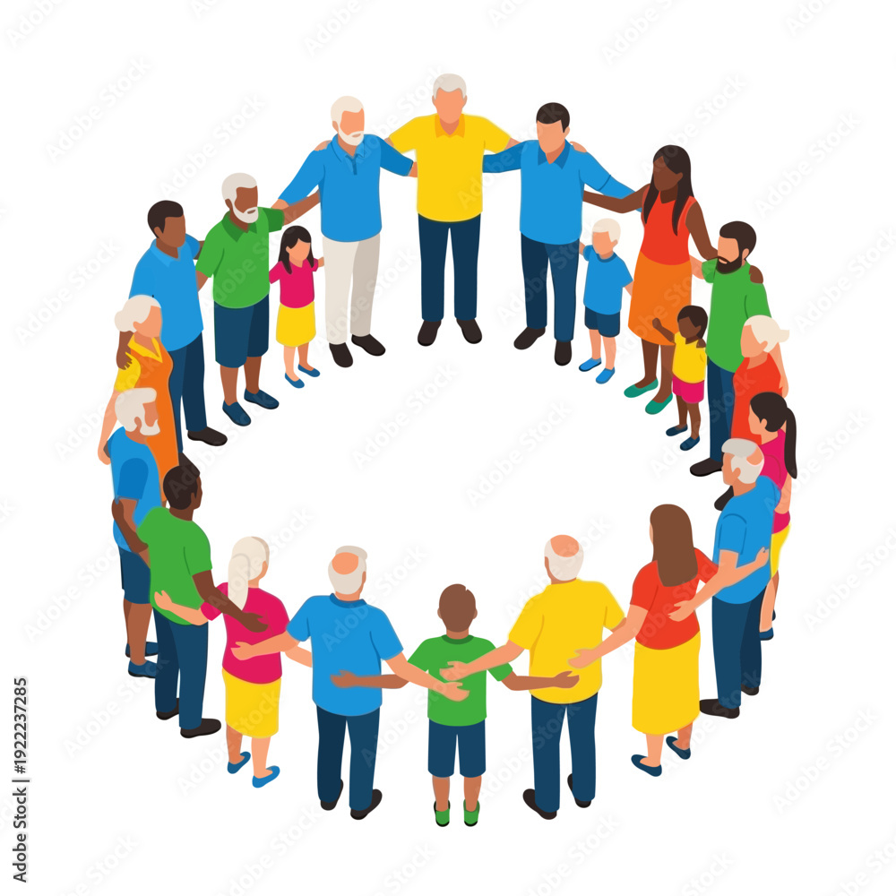 Fototapeta premium Diverse group of people standing in a circle arms linked together