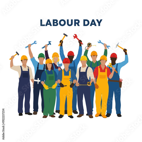 Labour day illustration featuring diverse construction workers celebrating together