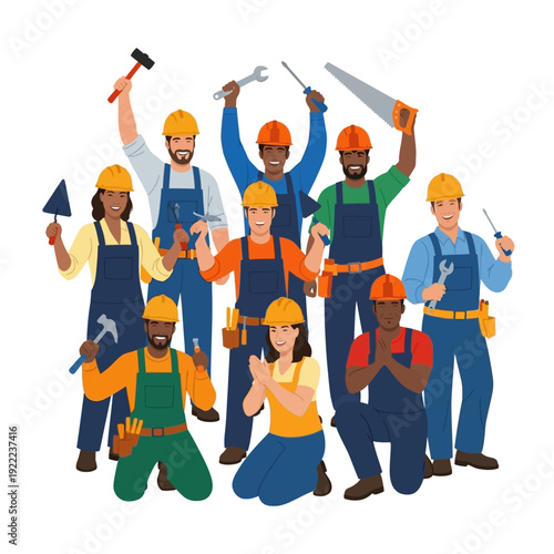 A diverse group of construction workers celebrates their teamwork and success