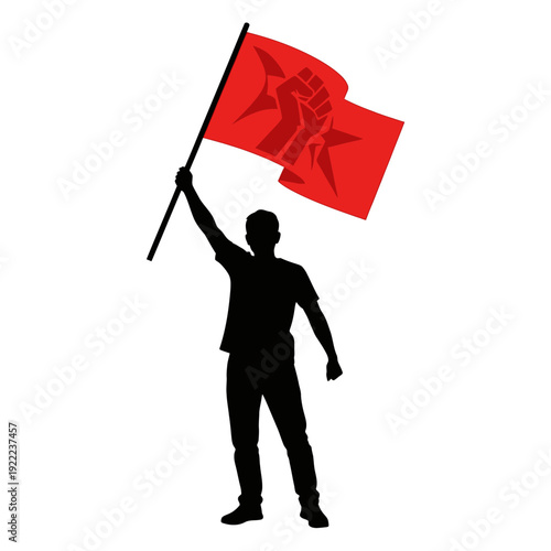 Silhouette of a person raising a red flag with a clenched fist