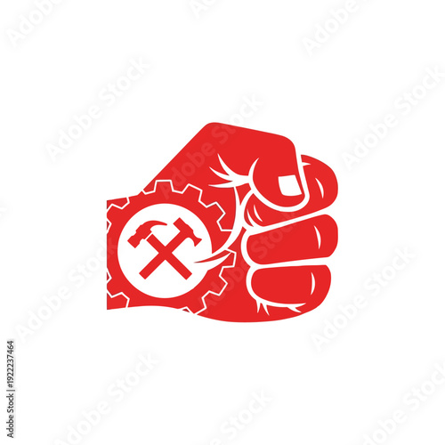Red clenched fist with gear and hammer symbol political illustration
