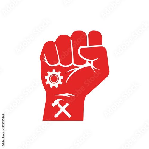 A red clenched fist holding tools signifying labor and solidarity