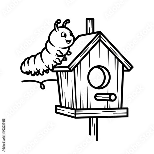 A cartoon caterpillar curiously investigates a simple wooden birdhouse