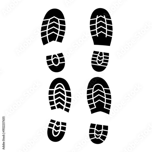 Black and white illustration of four distinct shoe or boot sole patterns