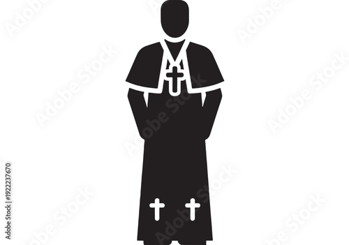 Priest icon silhouette with cross necklace and cassock robe, Christian clergy symbol in flat black pictogram style isolated on white background for religion UI
