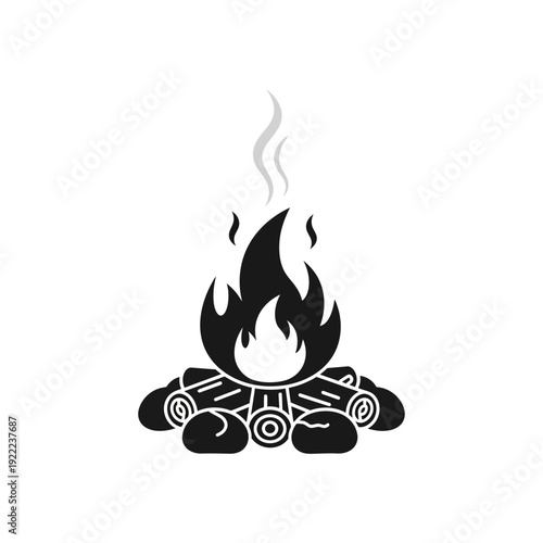 Stylized black silhouette of a campfire with rising smoke