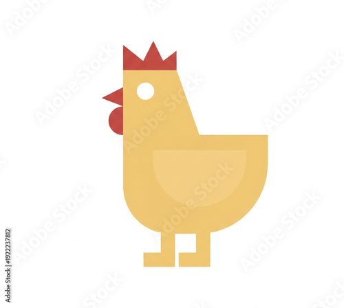 A simple, minimalist cartoon illustration of a yellow chicken with a red comb and wattle, shown in profile against a white background