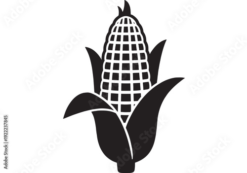Corn cob icon with husk leaves and grid kernels, minimalist black silhouette agriculture symbol isolated on white background for farm food label, logo, sticker design