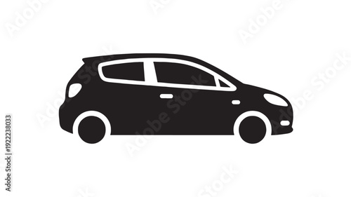 Car hatchback silhouette icon in black with side view profile, simple flat transport symbol isolated on white background for automotive app, navigation, and signage design