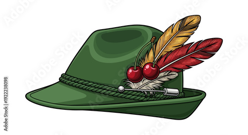 A traditional green hat adorned with vibrant feathers and cherries, symbolizing cultural heritage and festive spirit, presented in a detailed illustration from a frontal viewpoint.
