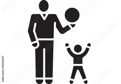 Family parent and child icon with adult holding balloon and kid raising arms, simple black pictogram silhouette for parenting, celebration, daycare signage