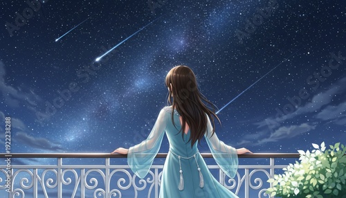 A girl in a blue dress looking at the stars and meteors in the night sky