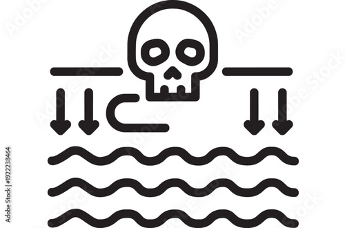 Skull toxic waste icon with downward arrows and wavy water lines, hazard warning symbol for pollution, poison, contamination, chemical spill, and danger sign