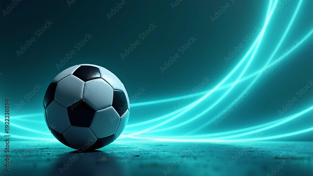 Naklejka premium A classic black‑and‑white soccer ball rests on a smooth surface while bright blue light‑trails sweep across a dark teal background, creating a dynamic, high‑energy digital‑sport aesthetic. 