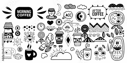 A whimsical black and white doodle collection featuring coffee and morning themes