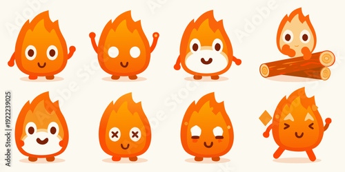 Cute cartoon flames and a log with expressive faces and poses