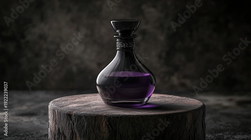 an elegant glass and glossy black metal bottle filled to the top with a clear purple liquid