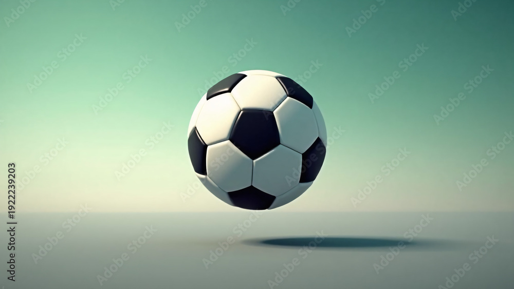 Naklejka premium A classic black‑and‑white soccer ball floats gently above a soft gradient backdrop, its shadow grounding it while the calm atmosphere highlights its simple, iconic form. 