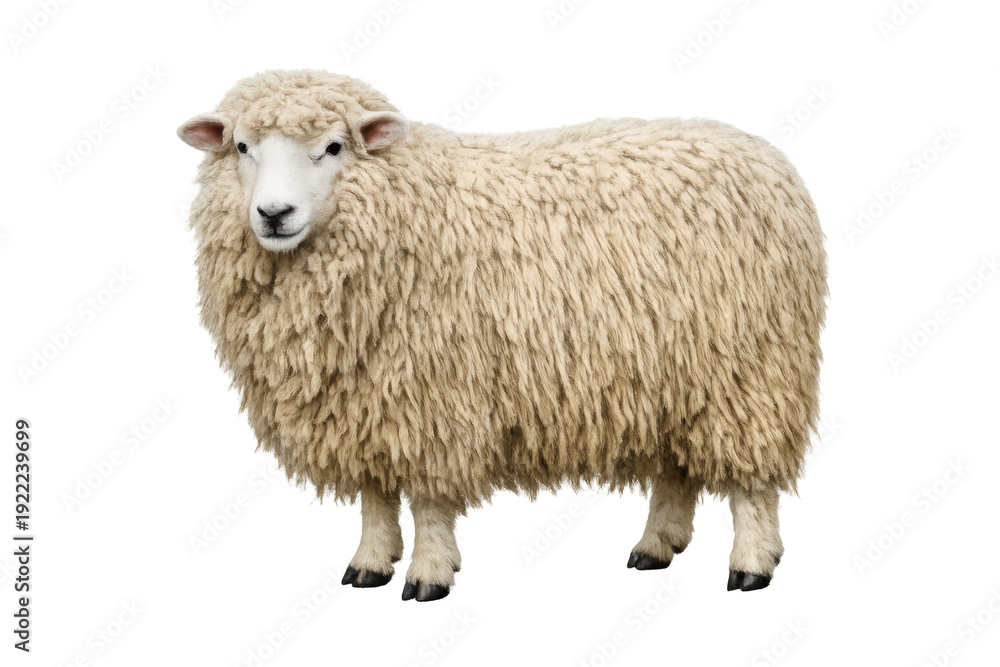 Fototapeta premium Standing sheep with wool coat, transparent background