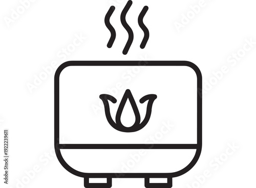 Humidifier icon with steam vapor lines and water droplet symbol, minimalist black outline glyph for home air moisture, aromatherapy diffuser, spa wellness UI