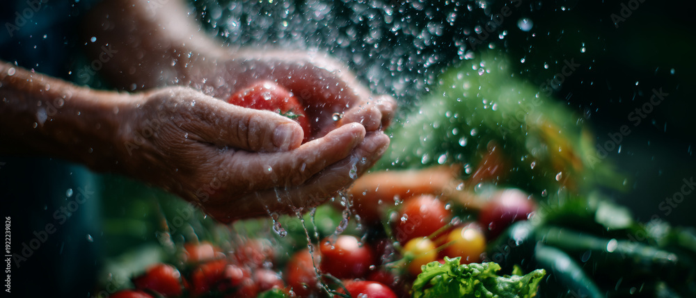 Fototapeta premium Fresh vegetables being rinsed under water in hands with droplets 
