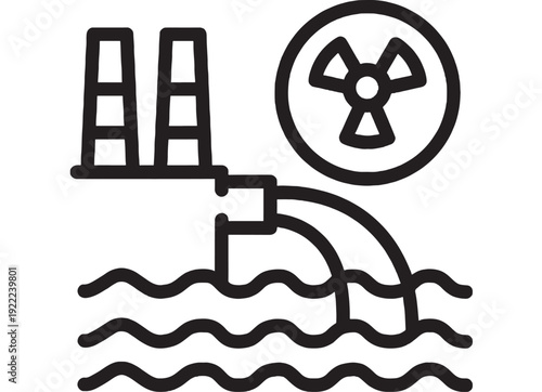 Factory wastewater discharge icon with industrial pipes releasing polluted water into waves and radiation warning symbol, black outline environmental contamination sign