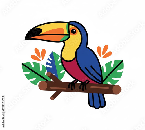 A cute cartoon illustration of a colorful toucan bird with a yellow beak perched on a tropical tree branch in the jungle, isolated on a white background for wildlife and nature design