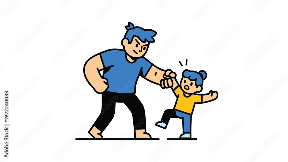 Fototapeta premium Cartoon Adult Helping Child Learn to Walk: First Steps and Parental Support Illustration