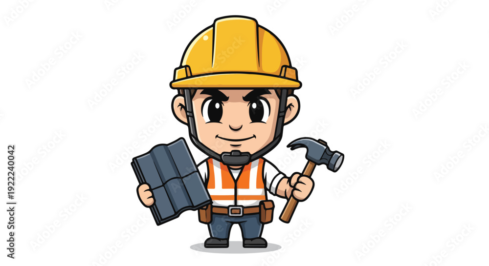 Fototapeta premium Roofing Worker Mascot Big Head Small Body Roofing Service Vector