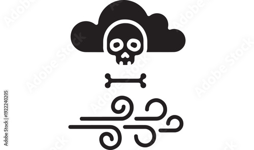 Cloud toxic icon with skull and crossbones over windy gust symbol, minimal black silhouette pictogram for danger warning, pollution hazard, and weather alert UI