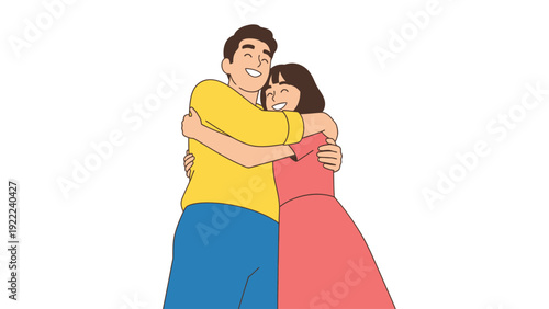 Joyful Man and Woman Embracing Happily: Happy Couple Hugging Illustration